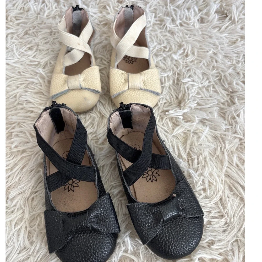 2 Pair Teg + Lai Kids Ballet Flats Shoes 1-Black 1- Tan Leather Bow Size‎ 6